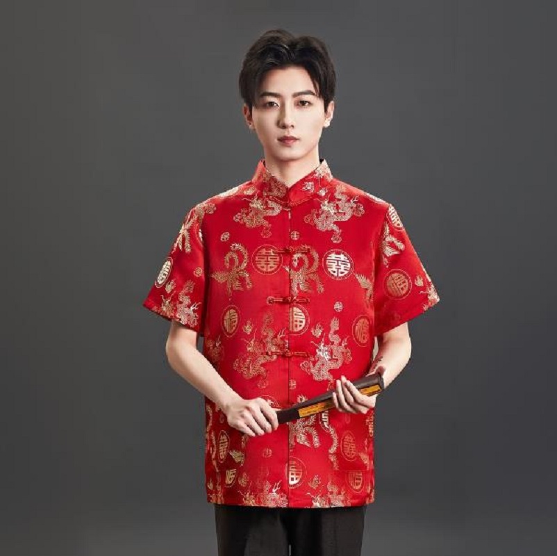 Mens Satin Silk Dress Shirt - New Chinese Style Embroidery Satin Tang
