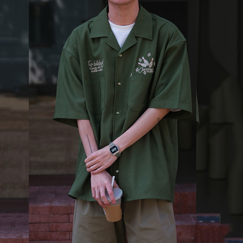 Bowling Embroidery Green Tooli - Short Sleeve Bowling Shirt Retro ulasan dan harga