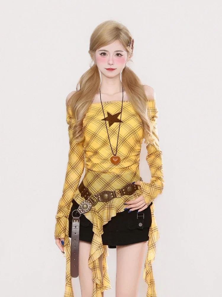 Y2K Plaid Slash Neck Vintage T - Shirts ulasan dan harga