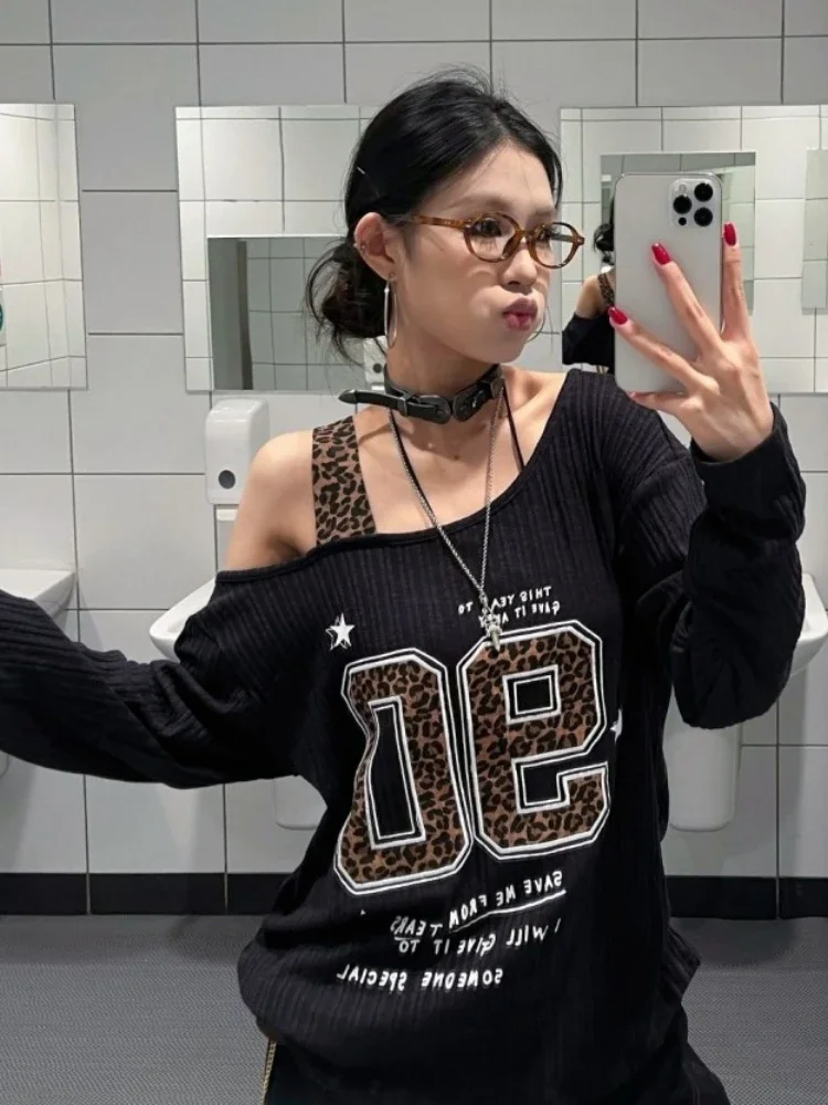 Y2K Patchwork Leopard Print T- - Shirts ulasan dan harga